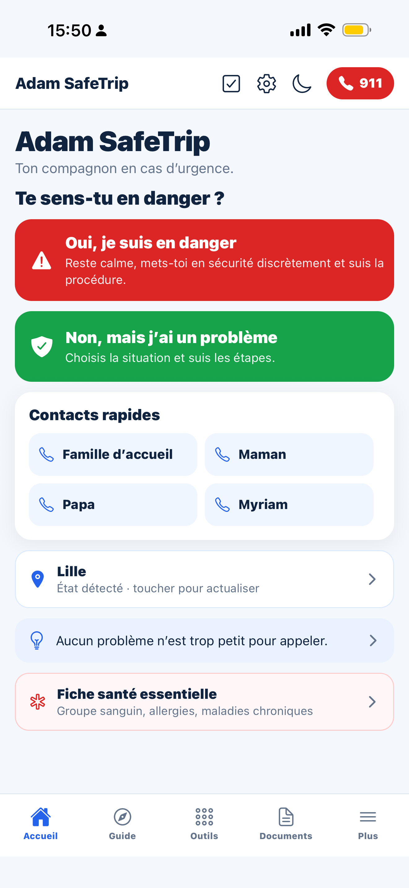 Écran d’accueil actuel de l’application Adam SafeTrip