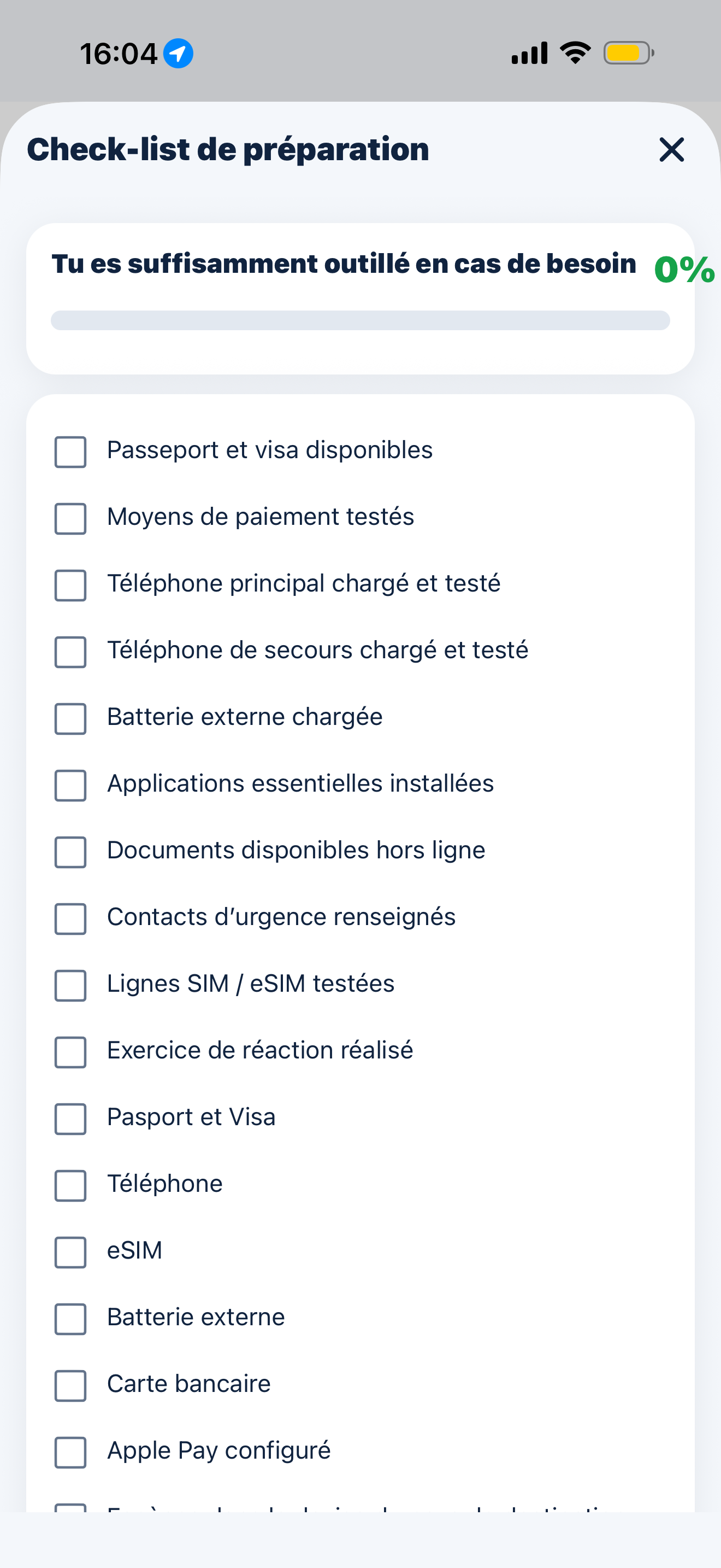 Check-list de préparation