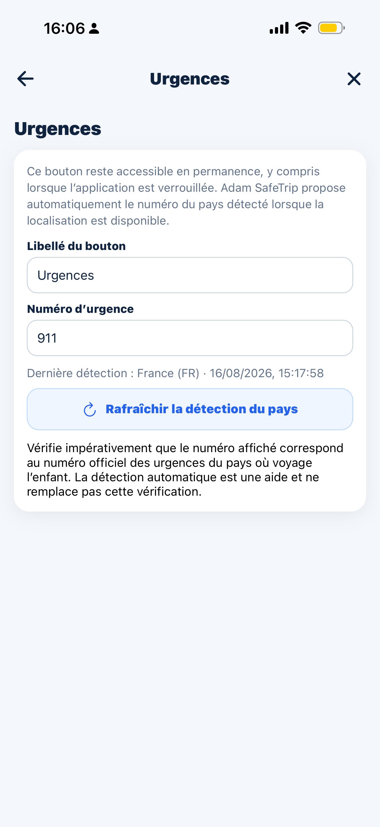 Réglage du numéro d'urgence