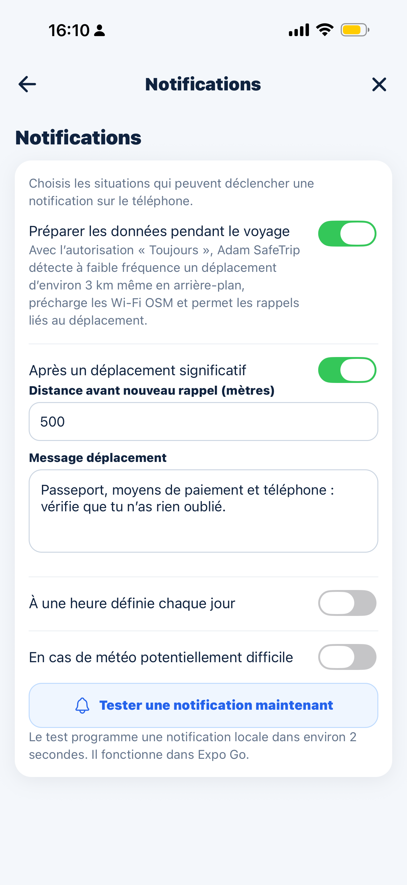 Réglages de notifications